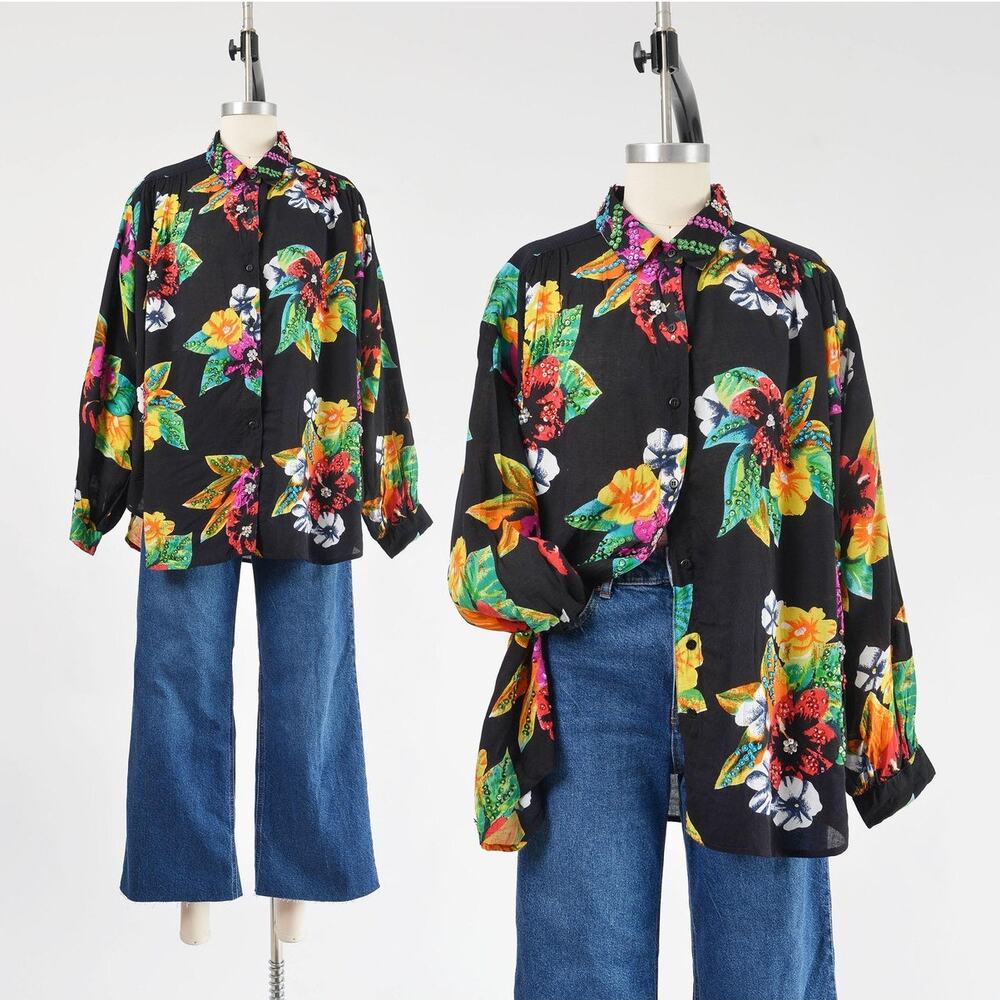 Vintage 90s Black Tropical Floral Beaded Button Down Blouse size L XXL - Picture 3 of 9